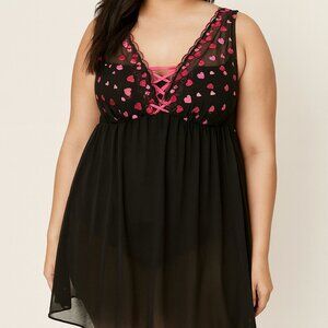 Cacique by Lane Bryant Black Sheer Babydoll Lingerie 18/20 Heart Lace Detail
